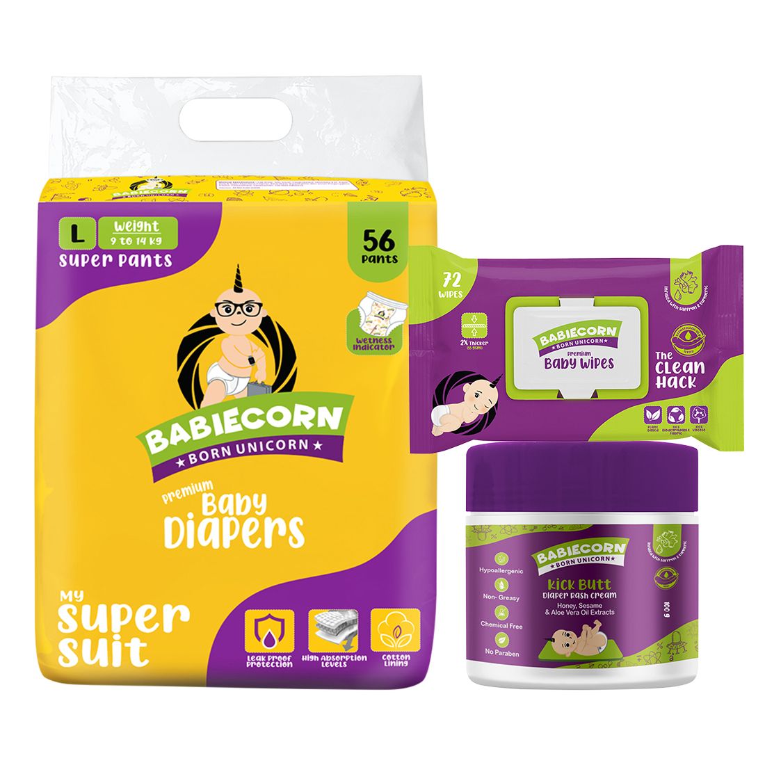 BABIECORN Diapering Essentials Combo|Baby Diapers|100% Ayurvedic Rash Cream|Baby Wet Wipes - L (3 Pieces)