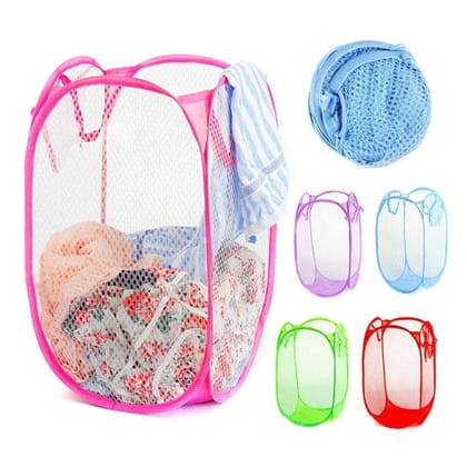Laundry Hamper Mesh Fabric For Ventilation Foldable Storage Pop Up Clothes Basket (Pack of 1)