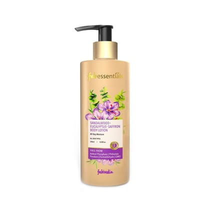 Fabessentials Sandalwood Eucalyptus Saffron Body Lotion | with Orange Fruit Oil & Cocoa Seed Butter | for All Day Moisture - 250 ml