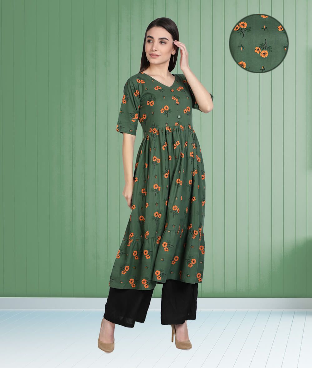 Cotton Floral Printed Flared Pleated Women Kurti (Green)