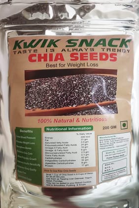 KWIK SNACK Chia Seeds (200 GM)- Rich in Omega - 3 and Fibre | Seeds for Eating | Non-GMO | Diet Snacks