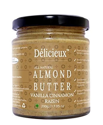 D�licieux Keto Vegan Diet All Natural Stone Ground Almond Butter with Vanilla, Cinnamon and Raisins-200GE�