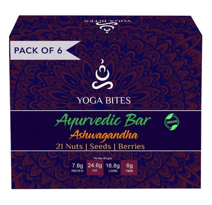 YOGABITES- Ayurveda Bars /Protein Bar /Energy Bar - 21 Nuts , Seeds , Berries with Ashwagandha-60 ge (Pack of 6)�