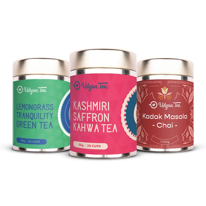 Udyan Tea | Best Seller Combo Pack |  Kashmiri Saffron Kahwa | Lemongrass Tranquility Green Tea | Kadak Masala Chai | 100% Natural Loose Leaves