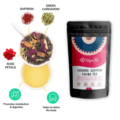 Udyan Tea Kashmiri Saffron Kahwa Green Tea | 100% Natural Ingredients Loose Leaf Tea | Antioxidant-Rich Blend for Enhanced Digestion & Detox