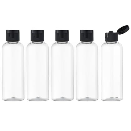HARRODS 5pcs 100ml Empty Clear Plastic Bottles Refillable Travel Size Cosmetic Travelling Containers Small Leak Proof Squeeze Bottles with Black Flip Cap for Toiletries,Shampoo. (Pack of 5)