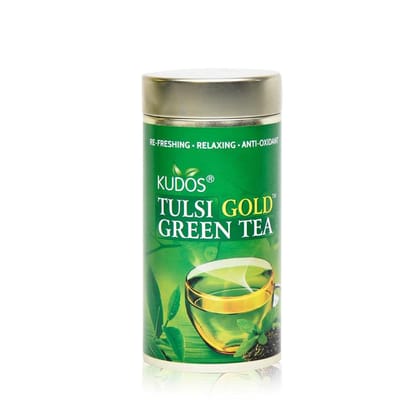 Kudos TULSI GOLD GREEN Refreshing ,Relaxing ,Anti Oxidant Tea: Helps Boost Immunity,Loose Weight,Burn Fat, Zero Calorie Tulsi Tea: 100GM JAR
