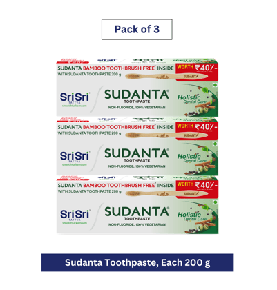 Sri Sri Tattva Sudanta Toothpaste -  Non - Fluoride - 100% Vegetarian, 200g x Pack of 3 (Bamboo Toothpaste Free Inside)