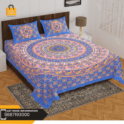 The Bedsheet Adda Standard Queen Size(90*100 Inches) Pure Cotton Jaipuri Printed Economic Double Bedsheet with Two Pillow Covers- ARTICLE-1642