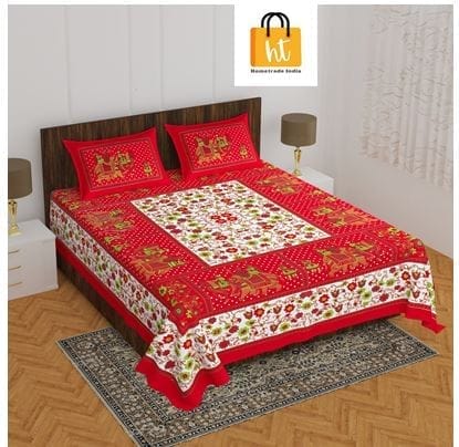 The Bedsheet Adda Standard Queen Size(90*100 Inches) Pure Cotton Jaipuri Printed Economic Double Bedsheet with Two Pillow Covers- ARTICLE-1662