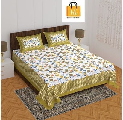 The Bedsheet Adda Standard Queen Size(90*100 Inches) Pure Cotton Jaipuri Printed Economic Double Bedsheet with Two Pillow Covers- ARTICLE-1682