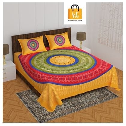 The Bedsheet Adda Standard Queen Size(90*100 Inches) Pure Cotton Jaipuri Printed Economic Double Bedsheet with Two Pillow Covers- ARTICLE-1746