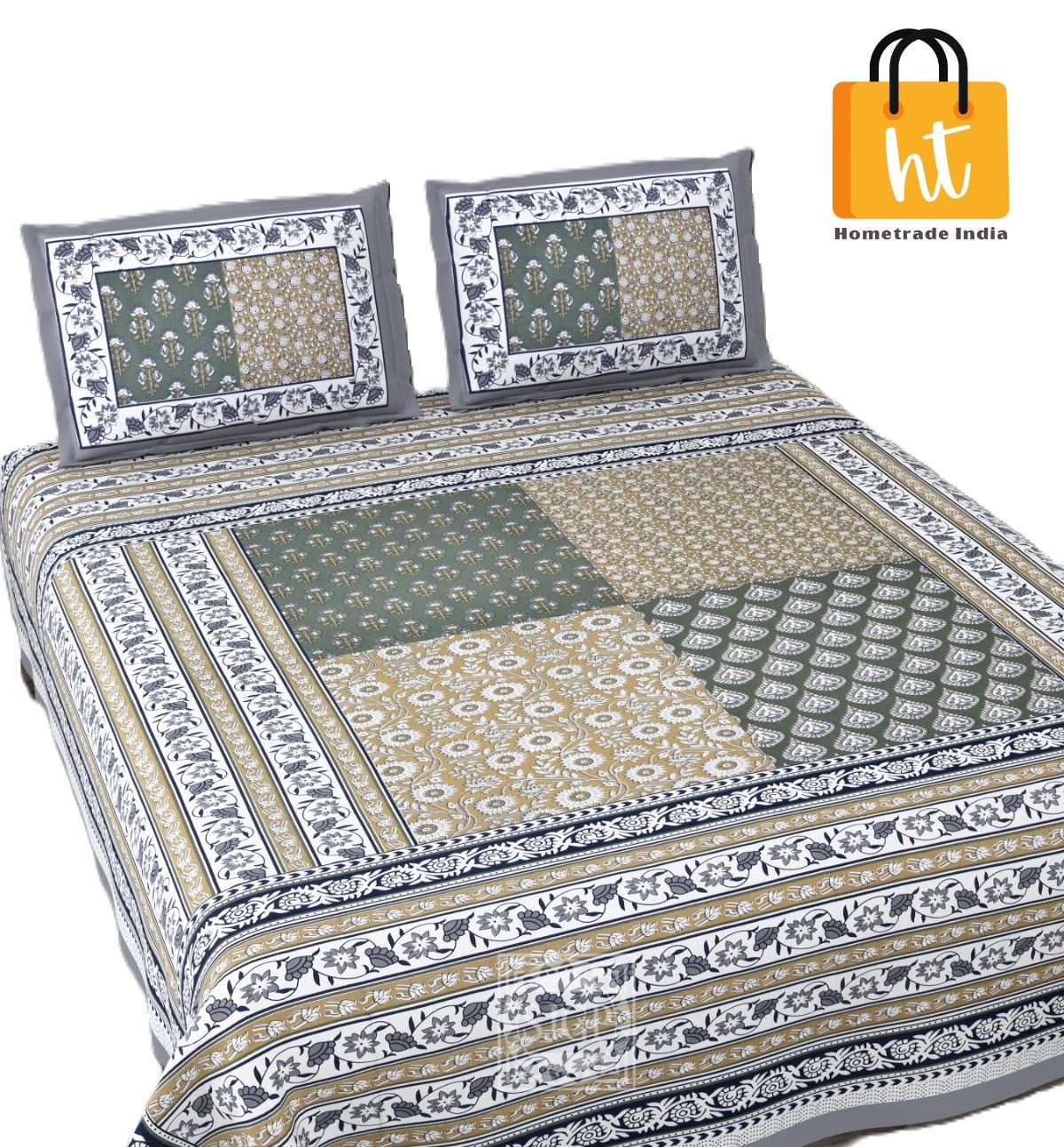 Bedsheet Adda  Standard King Size (90*108 Inches )  100% Pure Cotton Screen Printed Double Bedsheet With Two Pillow Cover -Color-Multi - 2145