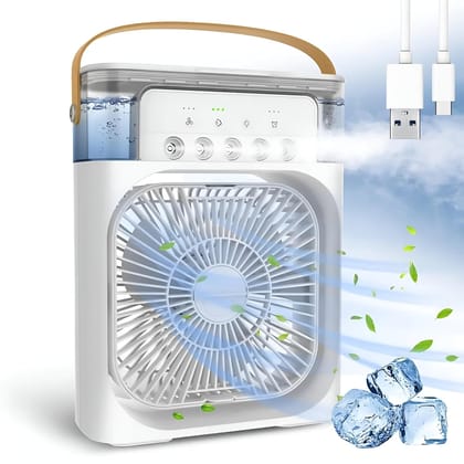 Portable Humidifier Air Cooler Mist Fan Mini Table Fan for Home with 3 Speed Mode with Water Spray, 7 Color LED & Timer, Desk Fan for Shop, Office, Kitchen