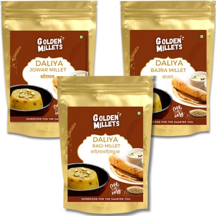 Golden Millets Daliya Gluten Free | No Preservative | Help For Weight Loss | Diabetic - Friendly | Jowar Daliya | Bajra Daliya | Ragi Daliya | (500g x 3)