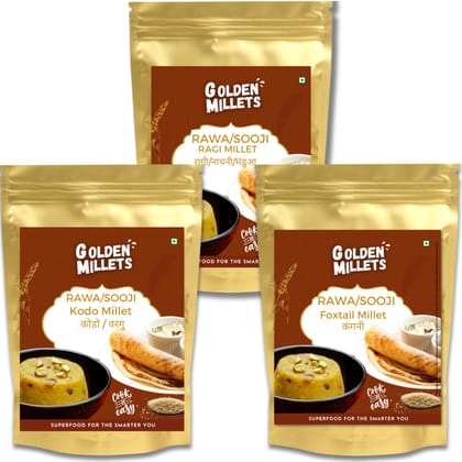 Golden Millets Rawa Combo | 100% Gluten Free | Diabetic Friendly | Good For Upma And Halwa | No Preservative | Ragi Sooji | Kodo Millet Rawa | Foxtail Millet Rawa | High Calcium & High Fibre (500g x 3)