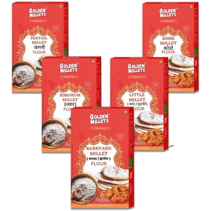 Golden Millets Gluten free Flour Combo | Diabetic Friendly | No Preservative | Jowar Atta | Little Millet Flour | Kodo Millet Flour | Foxtail Millet Flour | Barnyard Millet Flour | (500g x 5)
