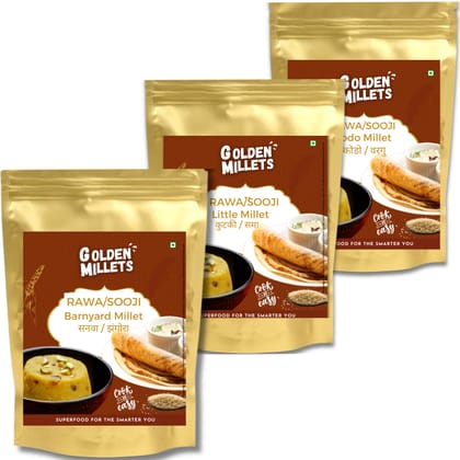 Golden Millets Sooji Gluten Free | Good For Upma And Halwa | High Calcium & High Fibre Idly Rawa | No Preservative | Kodo Millet Rawa | Little Millet Rawa | Barnyard Millet Rawa | NO WHEAT Rawa (500g x 3)
