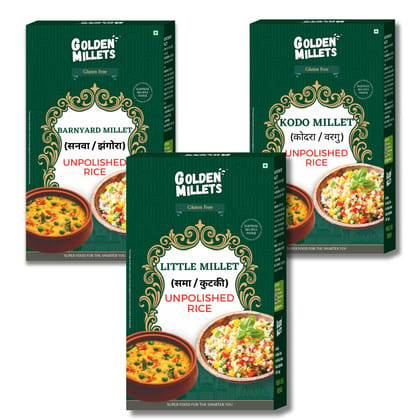 Golden Millets Siridhanya Unpolished Millets Rice Combo Pack Gluten free low GI | Diabetic Friendly | No Preservative | Kodo Millet | Little Millet | Barnyard Millet (500g x 3)