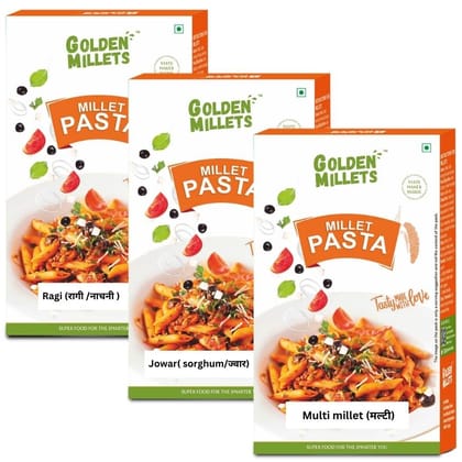 Golden Millets Kids Friendly Pasta Combo | No Maida | No Preservative | Jowar Millet Pasta | Ragi Millet Pasta | Multi Millet Pasta | Penne Pasta With Tastemaker Pack of 3,450g
