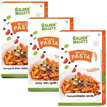 Golden Millets High fibre Pasta Combo | No Maida | Kids Friendly Pasta | Foxtail Millet Pasta | Little Millet Pasta | Barnyard Millet Pasta | Penne Pasta With Tastemaker Pack of 3,450g