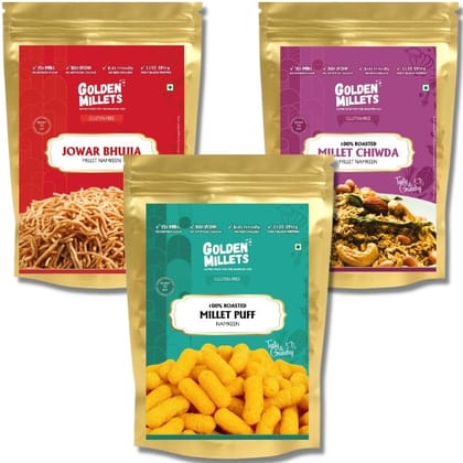 GOLDEN MILLETS Ready to Eat Millet Snacks Gluten Free | No Maida | No Sugar | No Preservative | Millet Jowar Bhujia Namkeen | Roasted Puff | Millets Chiwda Namkeen | (250g x 3)