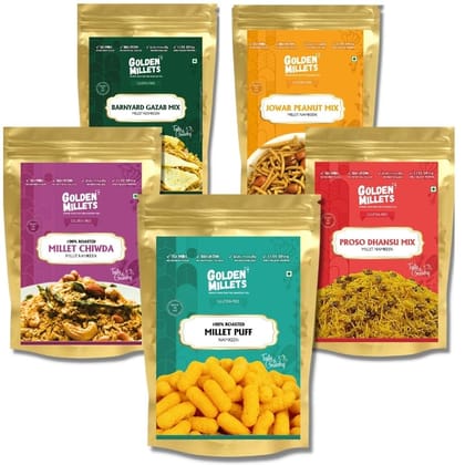 GOLDEN MILLETS Snack Ready to Eat | No Maida | Jowar Mix Millet Namkeen | Proso Mix Millet Namkeen | Barnyard Mix Millet Namkeen | Millet Chiwda | Roasted Puff | Healthy Snacks Combo Pack 5