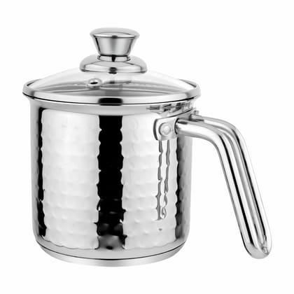 Prabha Heavy Gauge Encapsulated Base Stainless Steel Compatible with Induction & Gas Stove Base Hammered Milk Pot Boiler with Glass Lid, Capacity 1.8 liter, Size 14 cm, Durable for Long Time