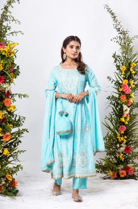 Nilambar Women's Turquoise Color Rayon Anarkali Kurta Pant Dupatta With Fancy Potli-S / Turquoise