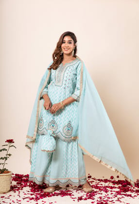 Nilambar Women's Turquoise Color Rayon Straight Kurta Sharara Dupatta With Fancy Potli-M / Turquoise