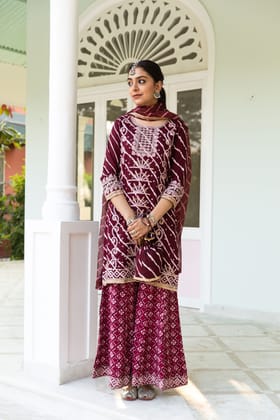 Noor Women's Cherry Purple Color Rayon Straight Kurta Sharara Dupatta With Fancy Potli-XL / Purple